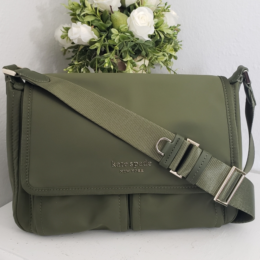 Kate Spade Army Olive Green Nylon Messenger crossbody NWOT